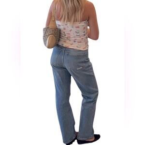 Djerf Avenue High Waist Straight Mid Blue Denim Jeans, size 26
